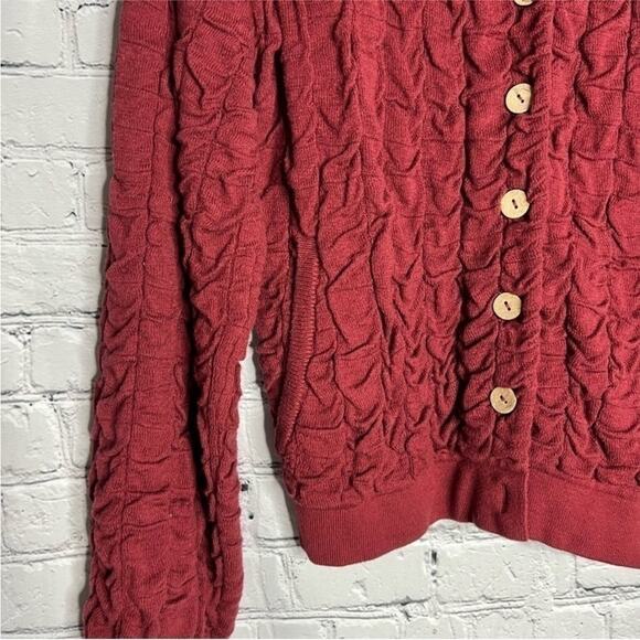 FP FREE PEOPLE Beach Burgundy Red Tan Button Knit Cardigan Ruche Bomber Jacket S - Picture 3 of 10